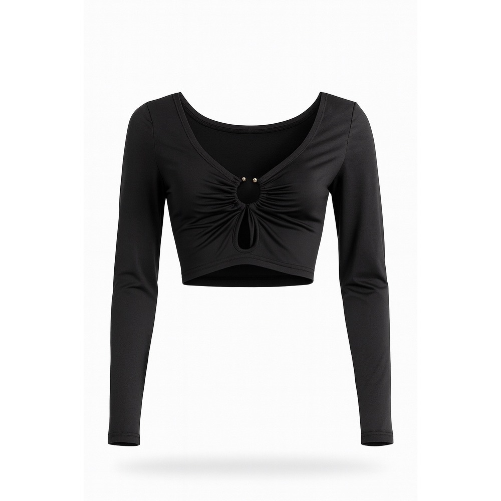 Black Long Sleeve Crop Top Keyhole Fitted Sexy Party Clubwear